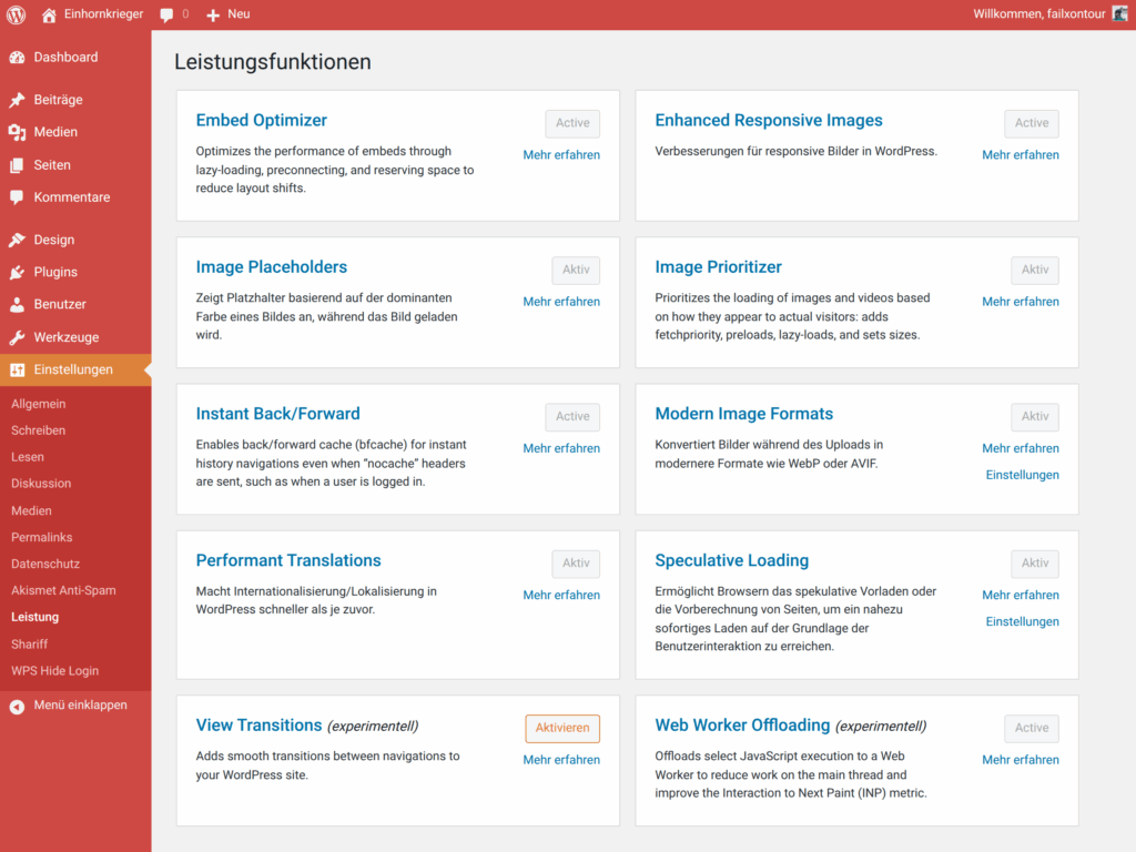 Leistung Optionens Menü der Performance Plugins von WordPress die Aktiv sind