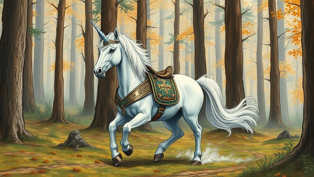 Einhorn welches durch einen Wald trabt im Herbst