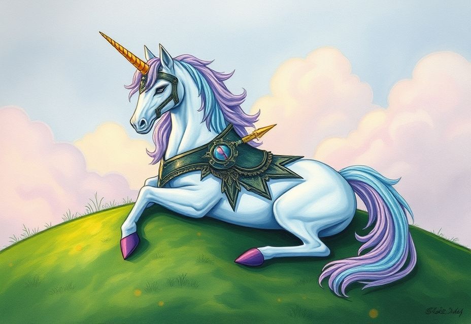 Einhorn auf einer Wiese ausruhend | KI generiertes Bild